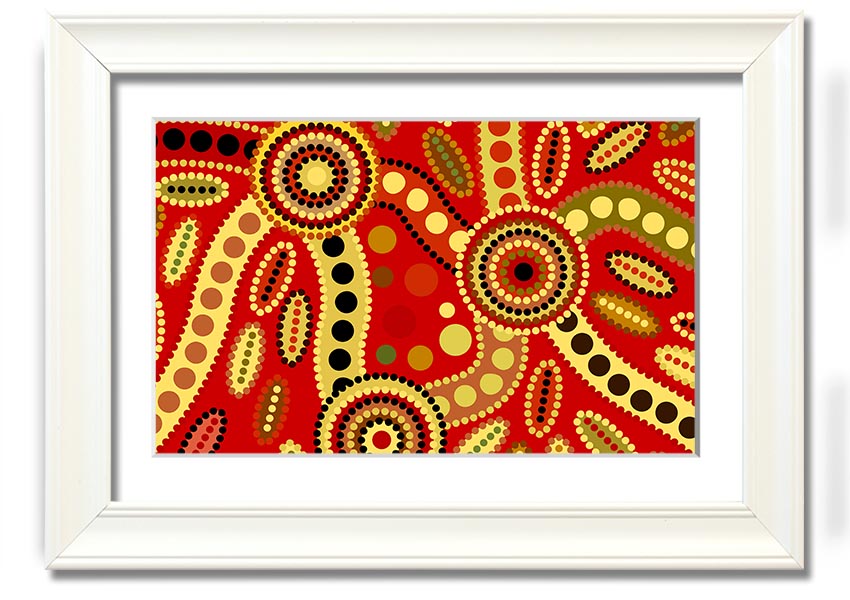 Framed Aboriginal Red Tribal print showcasing vibrant colors and intricate tribal designs, ready to hang.