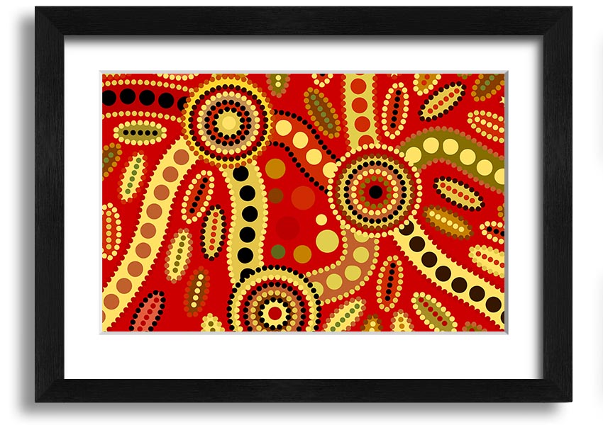 Framed Aboriginal Red Tribal print showcasing vibrant colors and intricate tribal designs, ready to hang.