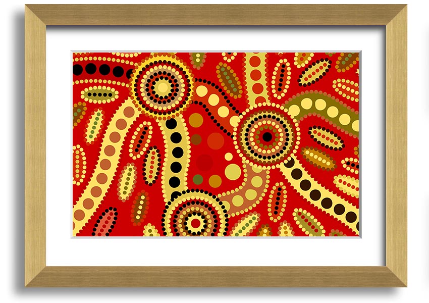 Framed Aboriginal Red Tribal print showcasing vibrant colors and intricate tribal designs, ready to hang.