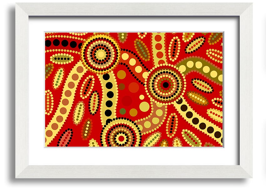 Framed Aboriginal Red Tribal print showcasing vibrant colors and intricate tribal designs, ready to hang.