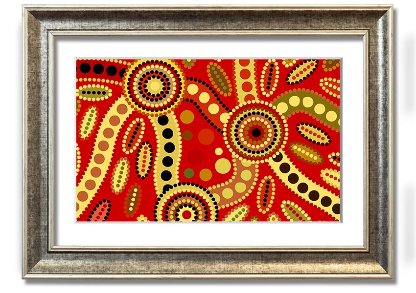 Framed Aboriginal Red Tribal print showcasing vibrant colors and intricate tribal designs, ready to hang.