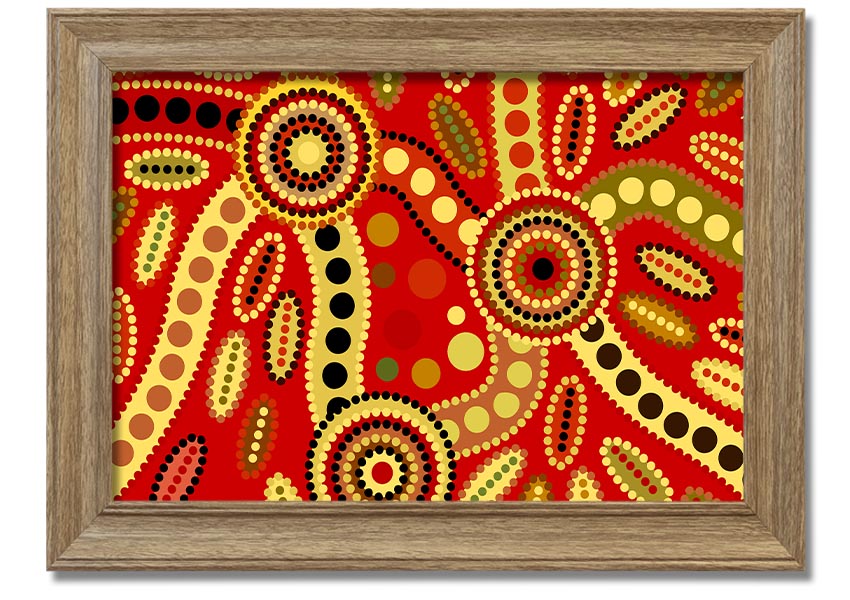 Framed Aboriginal Red Tribal print showcasing vibrant colors and intricate tribal designs, ready to hang.
