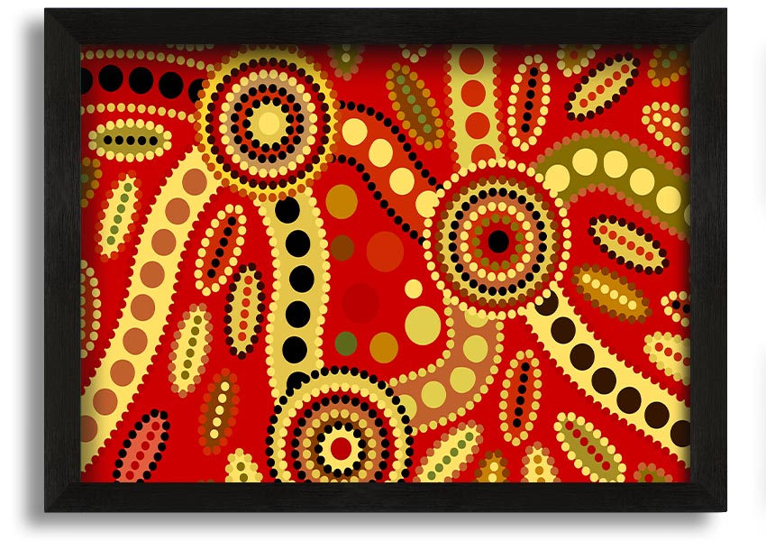 Framed Aboriginal Red Tribal print showcasing vibrant colors and intricate tribal designs, ready to hang.