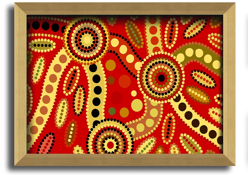 Framed Aboriginal Red Tribal print showcasing vibrant colors and intricate tribal designs, ready to hang.