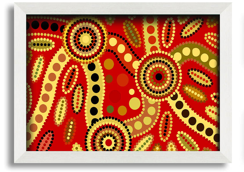 Framed Aboriginal Red Tribal print showcasing vibrant colors and intricate tribal designs, ready to hang.