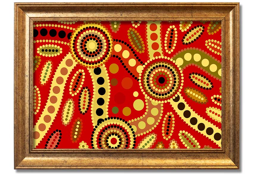 Framed Aboriginal Red Tribal print showcasing vibrant colors and intricate tribal designs, ready to hang.