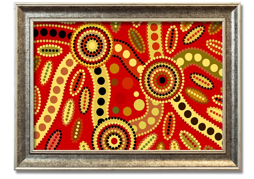 Framed Aboriginal Red Tribal print showcasing vibrant colors and intricate tribal designs, ready to hang.