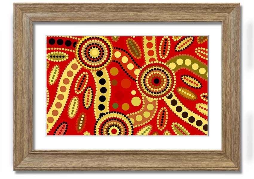 Framed Aboriginal Red Tribal print showcasing vibrant colors and intricate tribal designs, ready to hang.