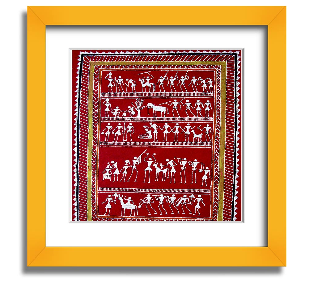 Aboriginal Saura Square Framed Print showcasing intricate designs in a stylish frame, ready to hang.