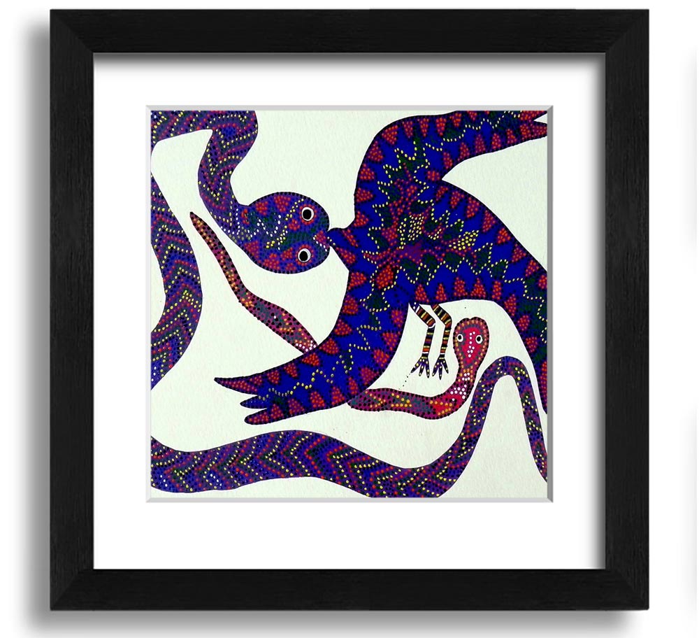Aboriginal Snake Bird Square Framed Print showcasing vibrant colors and intricate patterns, available in various frame colors.