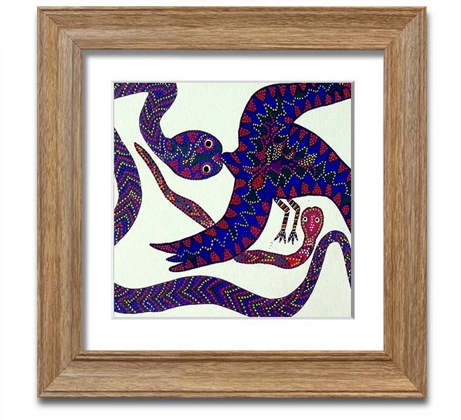 Aboriginal Snake Bird Square Framed Print showcasing vibrant colors and intricate patterns, available in various frame colors.