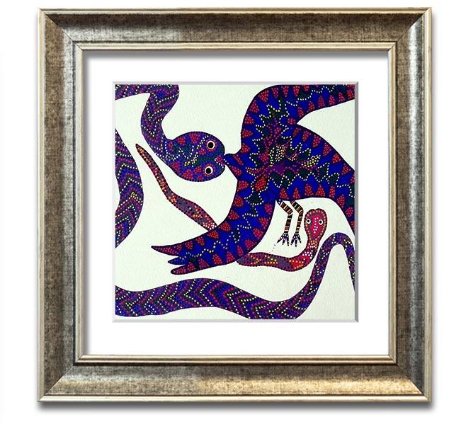 Aboriginal Snake Bird Square Framed Print showcasing vibrant colors and intricate patterns, available in various frame colors.