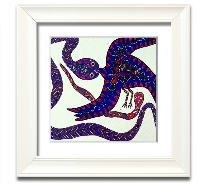 Aboriginal Snake Bird Square Framed Print showcasing vibrant colors and intricate patterns, available in various frame colors.