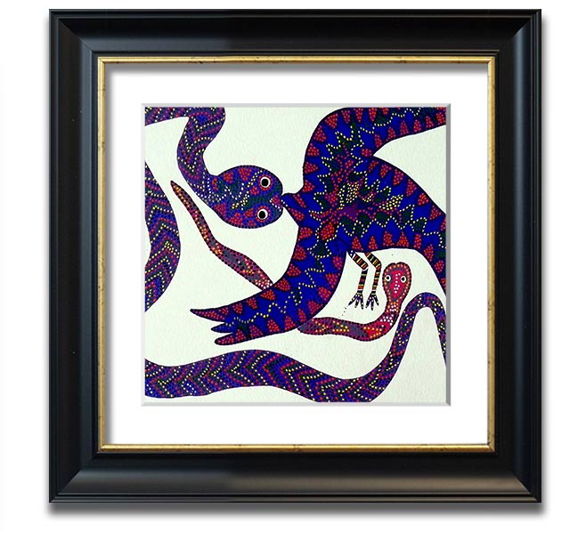 Aboriginal Snake Bird Square Framed Print showcasing vibrant colors and intricate patterns, available in various frame colors.