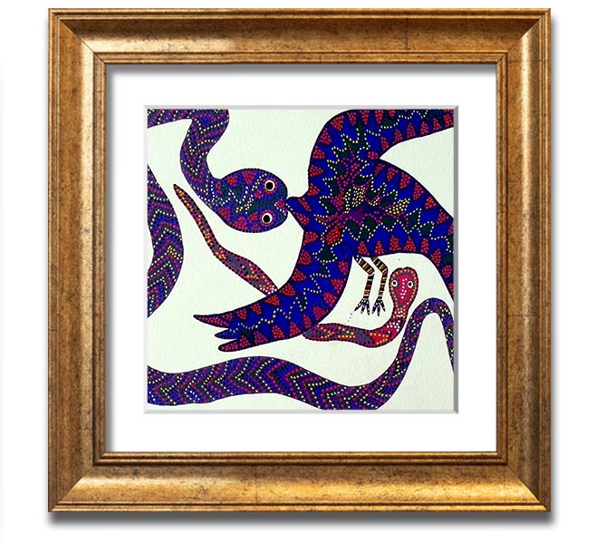 Aboriginal Snake Bird Square Framed Print showcasing vibrant colors and intricate patterns, available in various frame colors.