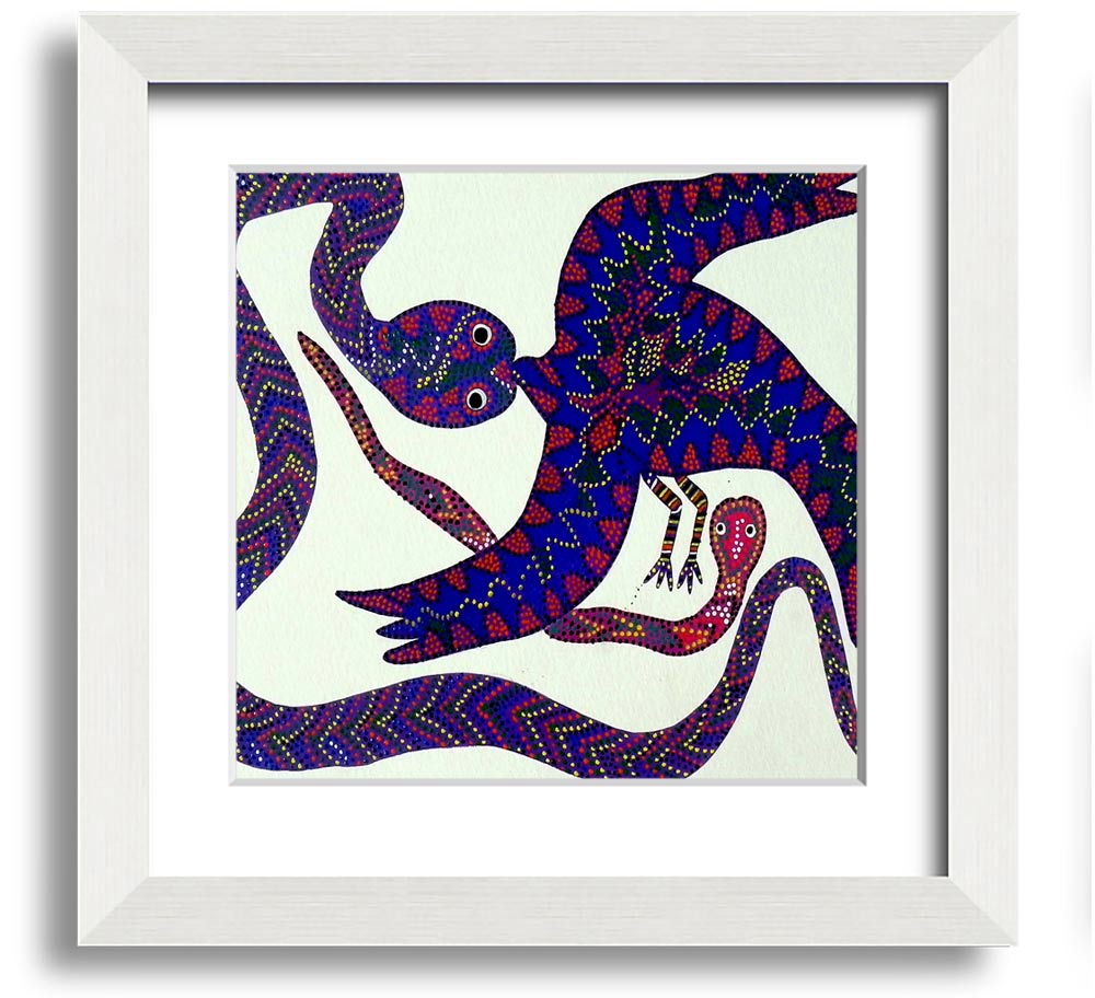 Aboriginal Snake Bird Square Framed Print showcasing vibrant colors and intricate patterns, available in various frame colors.