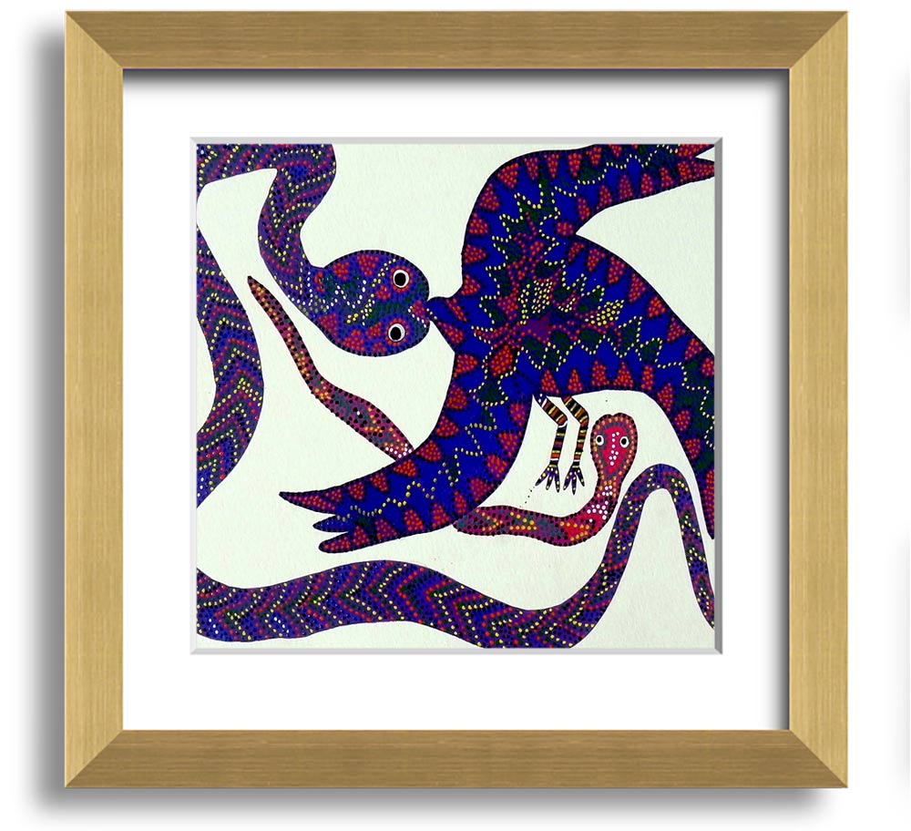 Aboriginal Snake Bird Square Framed Print showcasing vibrant colors and intricate patterns, available in various frame colors.