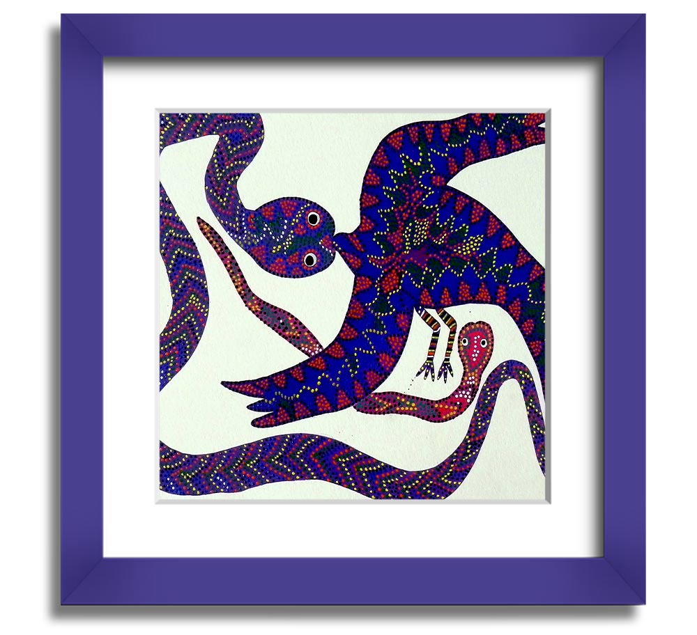 Aboriginal Snake Bird Square Framed Print showcasing vibrant colors and intricate patterns, available in various frame colors.