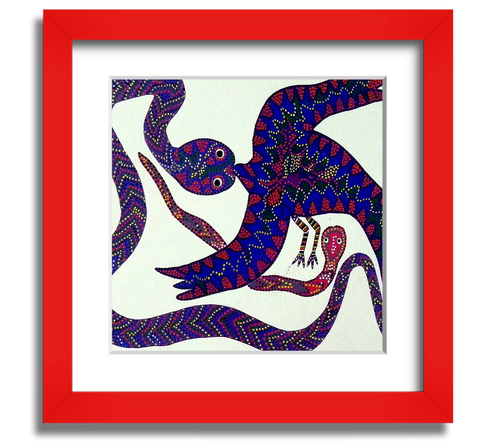 Aboriginal Snake Bird Square Framed Print showcasing vibrant colors and intricate patterns, available in various frame colors.