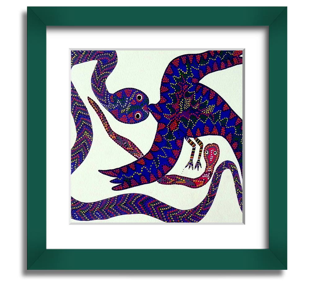 Aboriginal Snake Bird Square Framed Print showcasing vibrant colors and intricate patterns, available in various frame colors.