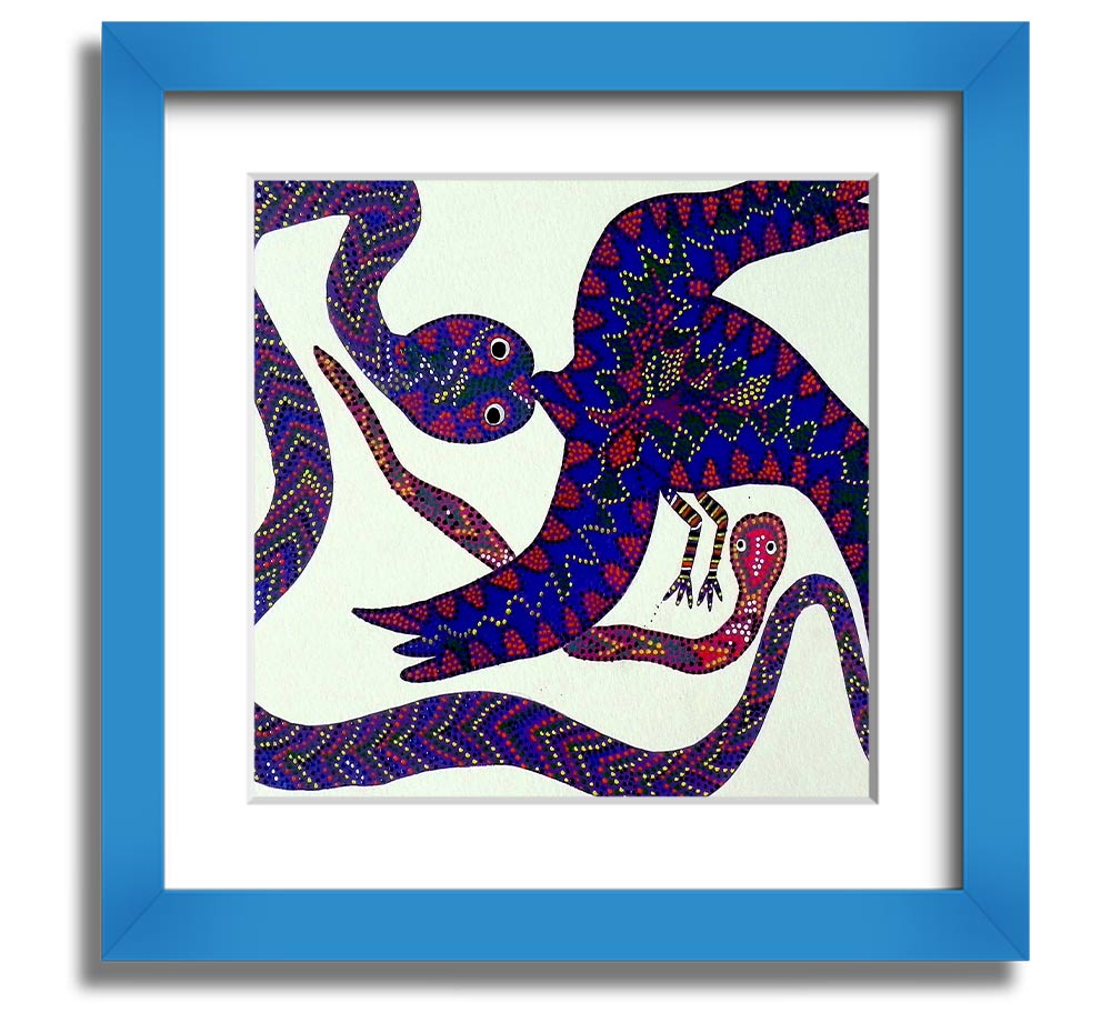 Aboriginal Snake Bird Square Framed Print showcasing vibrant colors and intricate patterns, available in various frame colors.