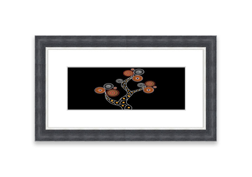 Framed Aboriginal Tree 1 print with intricate designs, available in various frame colours, ready to hang.