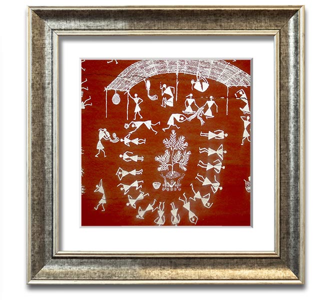 Square framed print featuring Aboriginal Warli art depicting scenes from the Mahabharata, available in various frame colors.