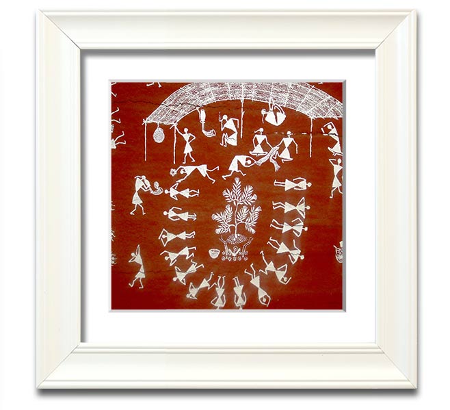 Square framed print featuring Aboriginal Warli art depicting scenes from the Mahabharata, available in various frame colors.