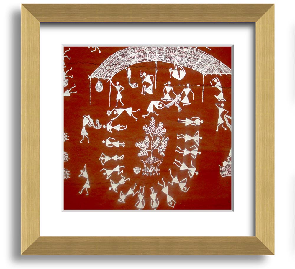 Square framed print featuring Aboriginal Warli art depicting scenes from the Mahabharata, available in various frame colors.