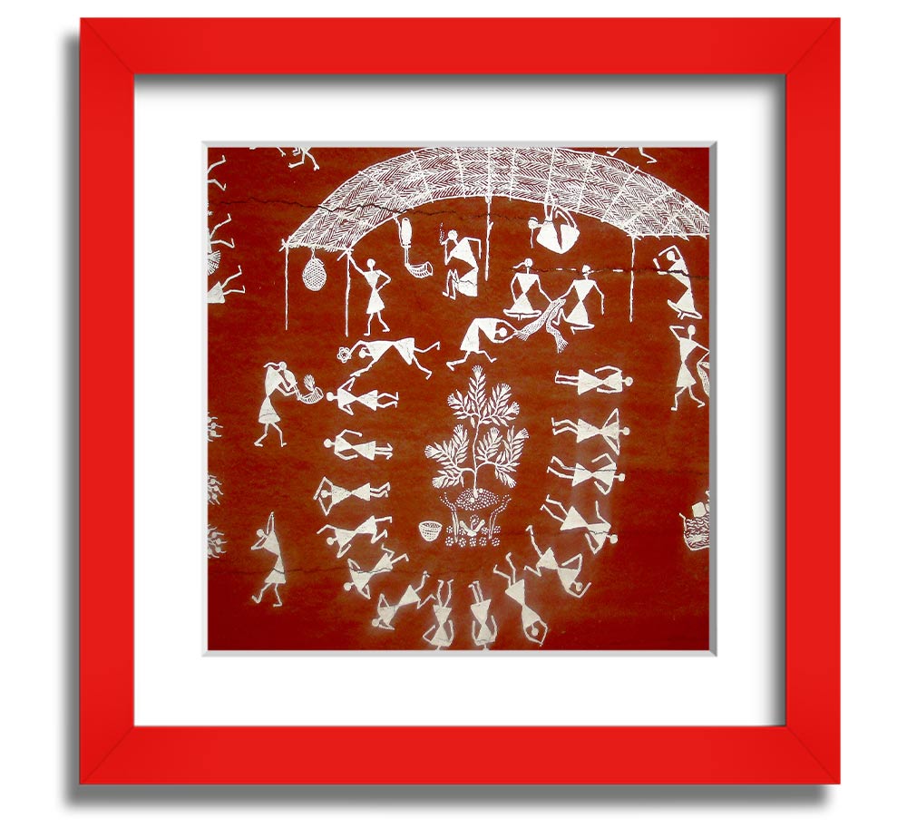 Square framed print featuring Aboriginal Warli art depicting scenes from the Mahabharata, available in various frame colors.