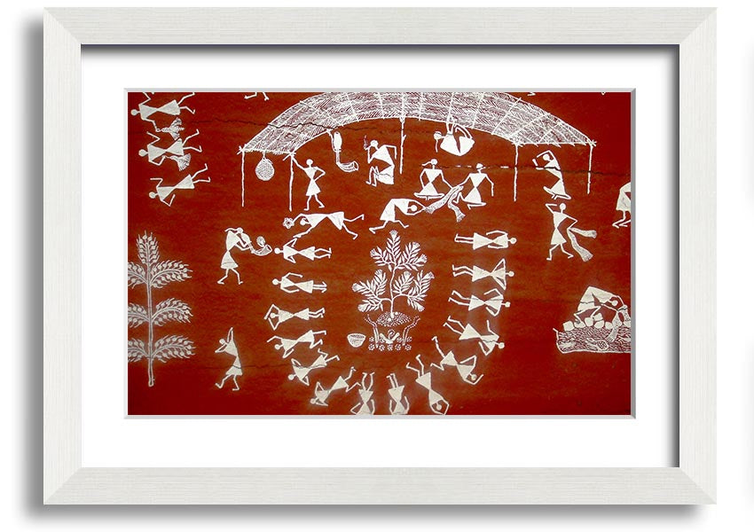 Framed Aboriginal Warli Mahabharata print showcasing intricate tribal art and vibrant colors, ready to hang.