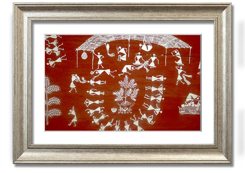 Framed Aboriginal Warli Mahabharata print showcasing intricate tribal art and vibrant colors, ready to hang.