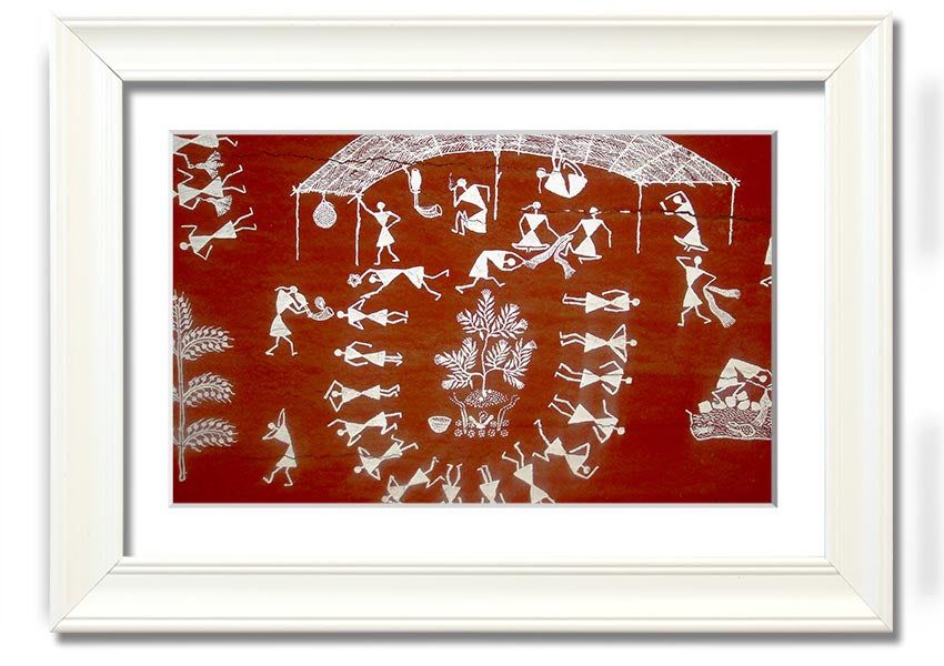 Framed Aboriginal Warli Mahabharata print showcasing intricate tribal art and vibrant colors, ready to hang.