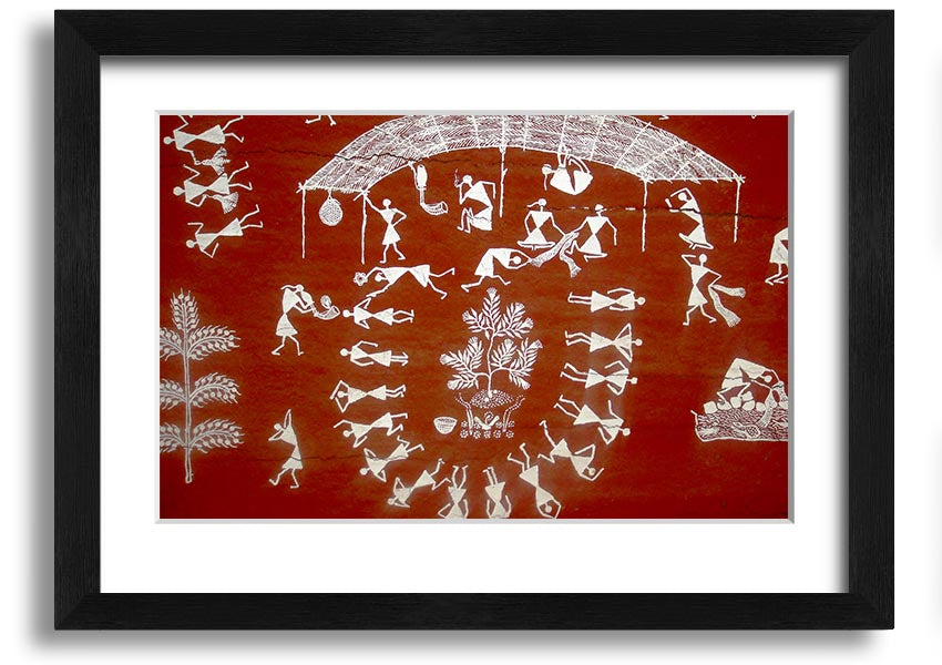 Framed Aboriginal Warli Mahabharata print showcasing intricate tribal art and vibrant colors, ready to hang.