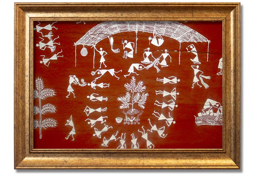 Framed Aboriginal Warli Mahabharata print showcasing intricate tribal art and vibrant colors, ready to hang.