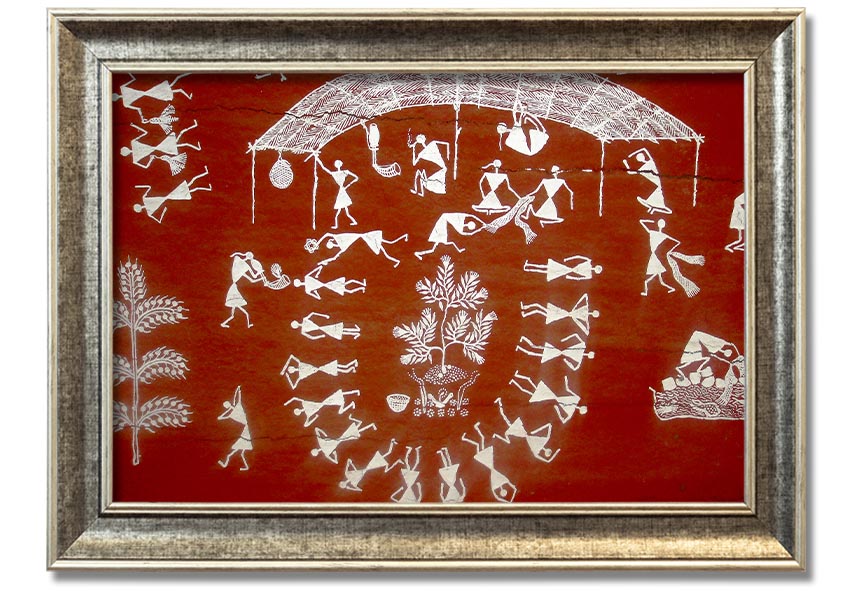 Framed Aboriginal Warli Mahabharata print showcasing intricate tribal art and vibrant colors, ready to hang.