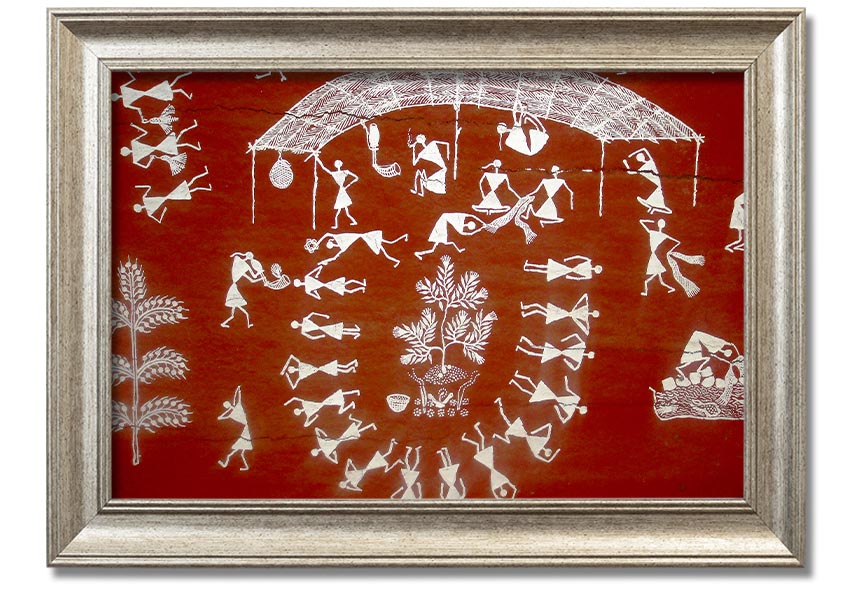 Framed Aboriginal Warli Mahabharata print showcasing intricate tribal art and vibrant colors, ready to hang.