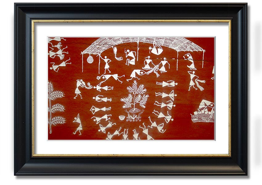 Framed Aboriginal Warli Mahabharata print showcasing intricate tribal art and vibrant colors, ready to hang.