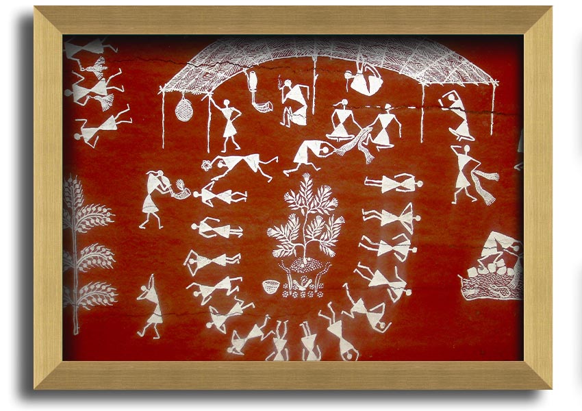Framed Aboriginal Warli Mahabharata print showcasing intricate tribal art and vibrant colors, ready to hang.