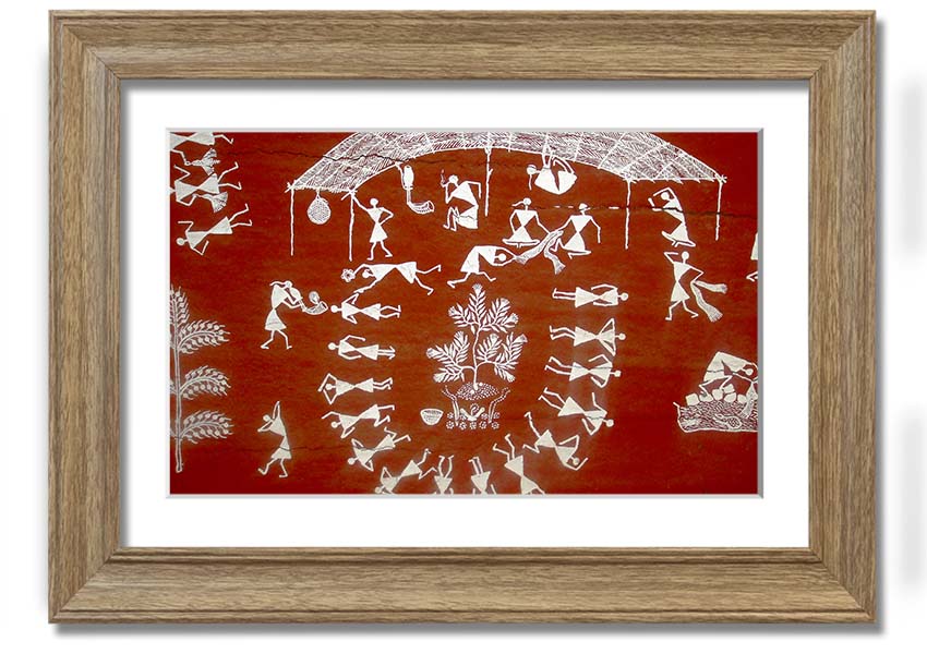 Framed Aboriginal Warli Mahabharata print showcasing intricate tribal art and vibrant colors, ready to hang.