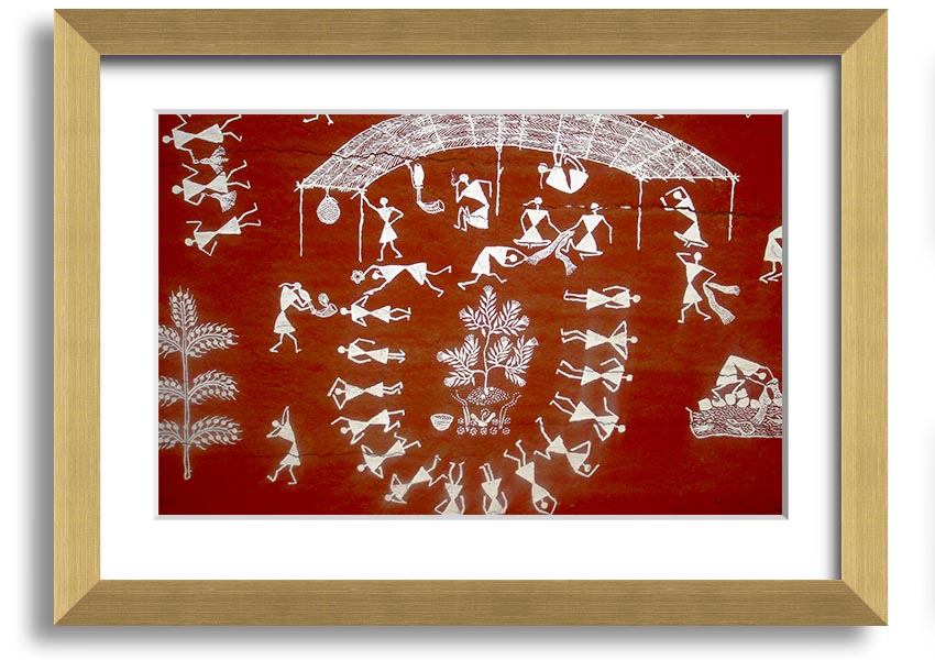 Framed Aboriginal Warli Mahabharata print showcasing intricate tribal art and vibrant colors, ready to hang.