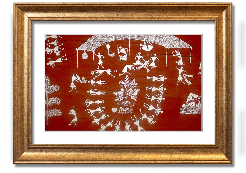 Framed Aboriginal Warli Mahabharata print showcasing intricate tribal art and vibrant colors, ready to hang.
