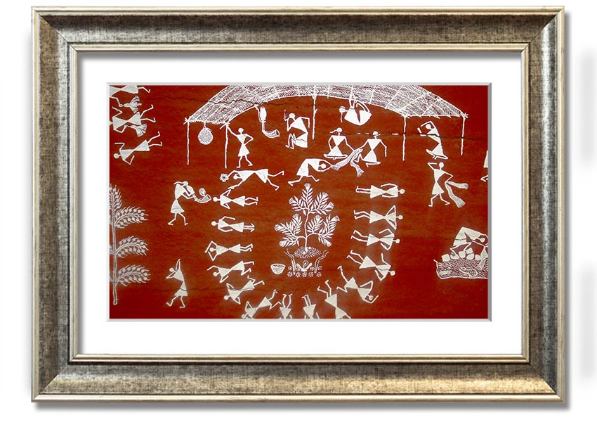 Framed Aboriginal Warli Mahabharata print showcasing intricate tribal art and vibrant colors, ready to hang.