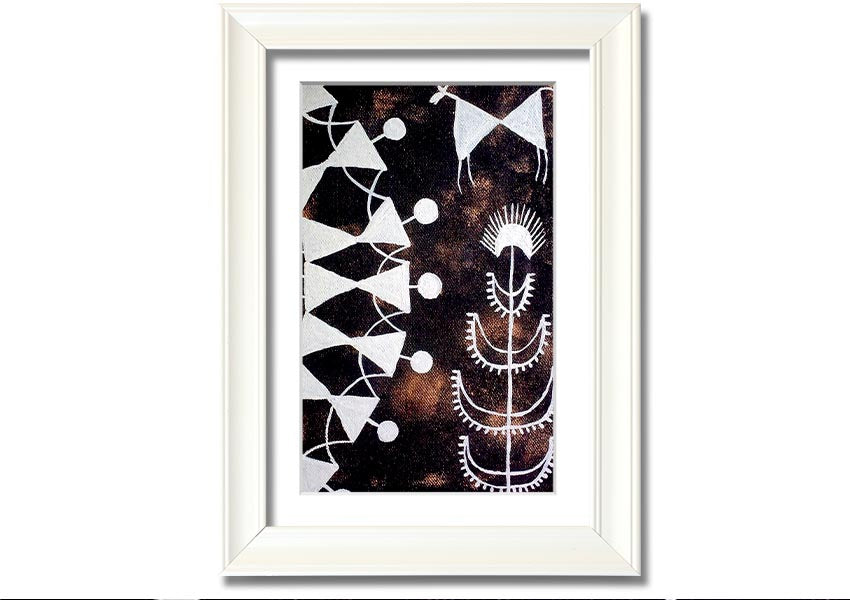 Framed print of Aboriginal Warli Tarpa Dance, showcasing intricate designs and vibrant colors, ready to hang.