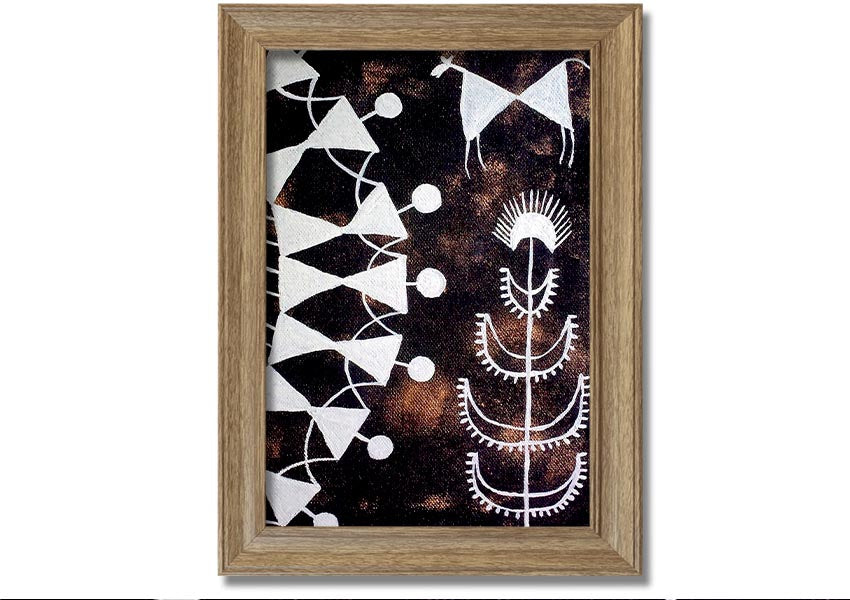 Framed print of Aboriginal Warli Tarpa Dance, showcasing intricate designs and vibrant colors, ready to hang.