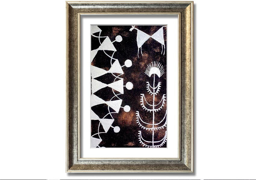 Framed print of Aboriginal Warli Tarpa Dance, showcasing intricate designs and vibrant colors, ready to hang.