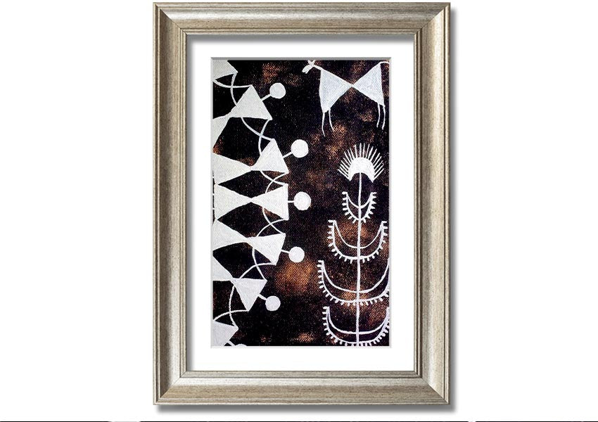 Framed print of Aboriginal Warli Tarpa Dance, showcasing intricate designs and vibrant colors, ready to hang.