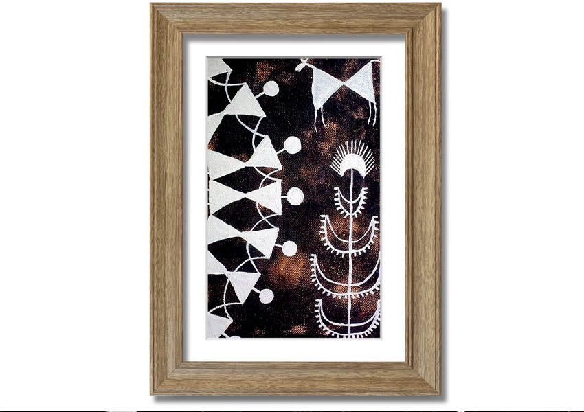 Framed print of Aboriginal Warli Tarpa Dance, showcasing intricate designs and vibrant colors, ready to hang.