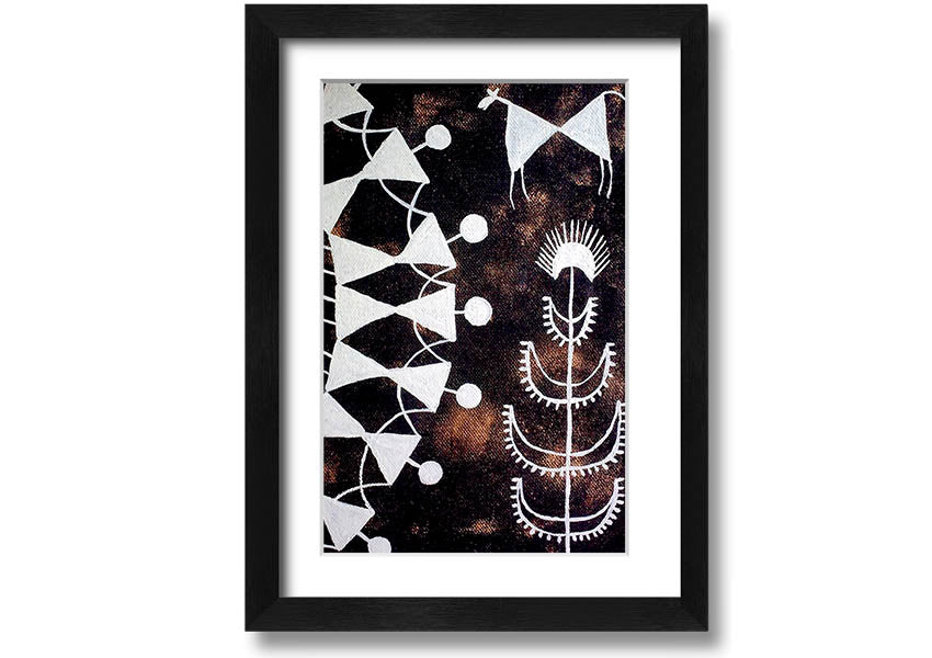Framed print of Aboriginal Warli Tarpa Dance, showcasing intricate designs and vibrant colors, ready to hang.