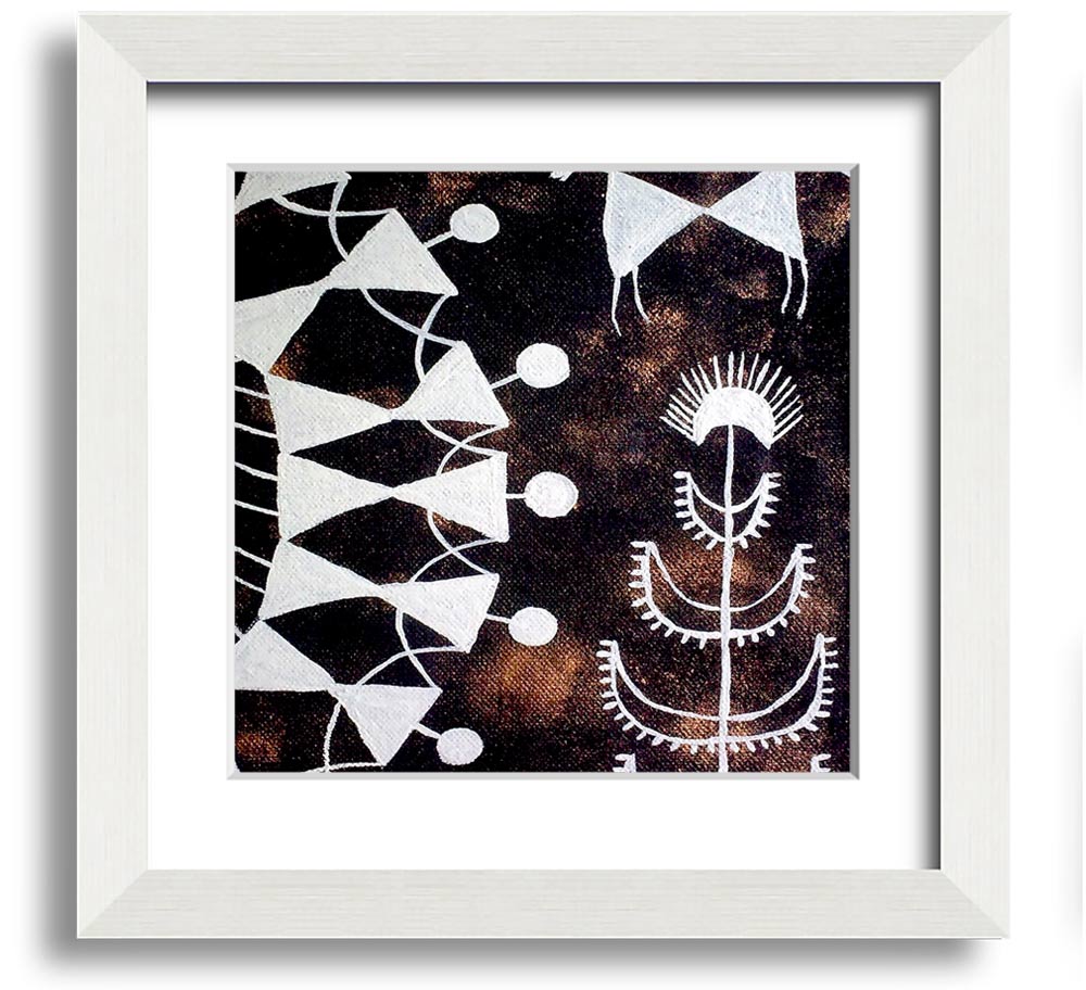 Square framed print of Aboriginal Warli Tarpa Dance, showcasing intricate designs and vibrant colors, ready to hang.